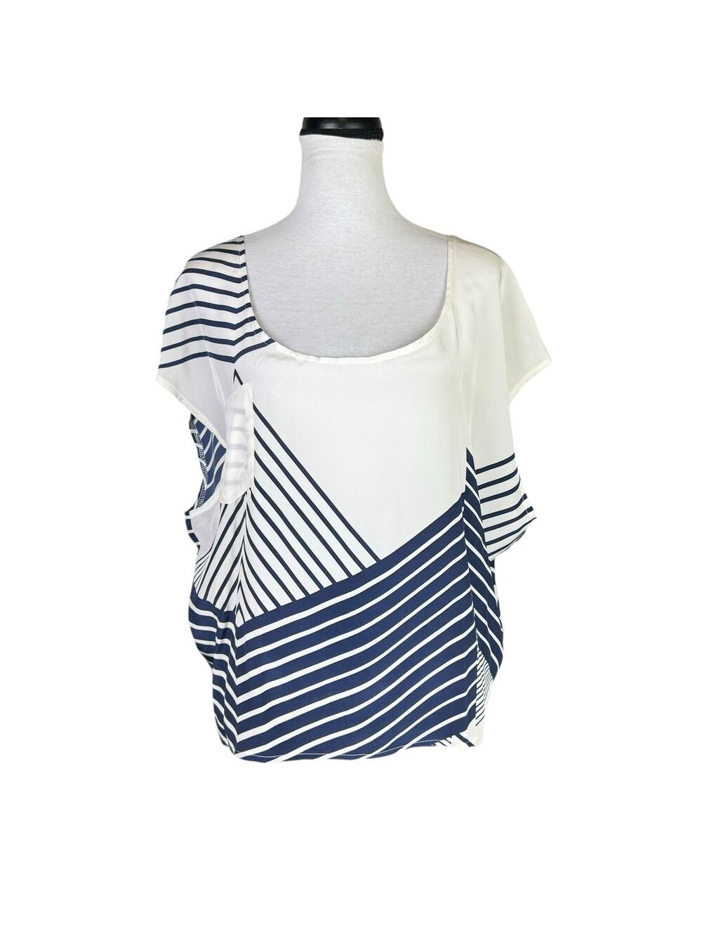 Myne Ashley Ann 100% Silk Navy & White Geometric Stripe Oversized Relaxed Top
